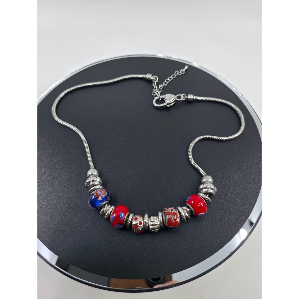 Silver‎ Tone Snake Chain Necklace Murano Style Glass Lampwork Beads Red Blue 18"